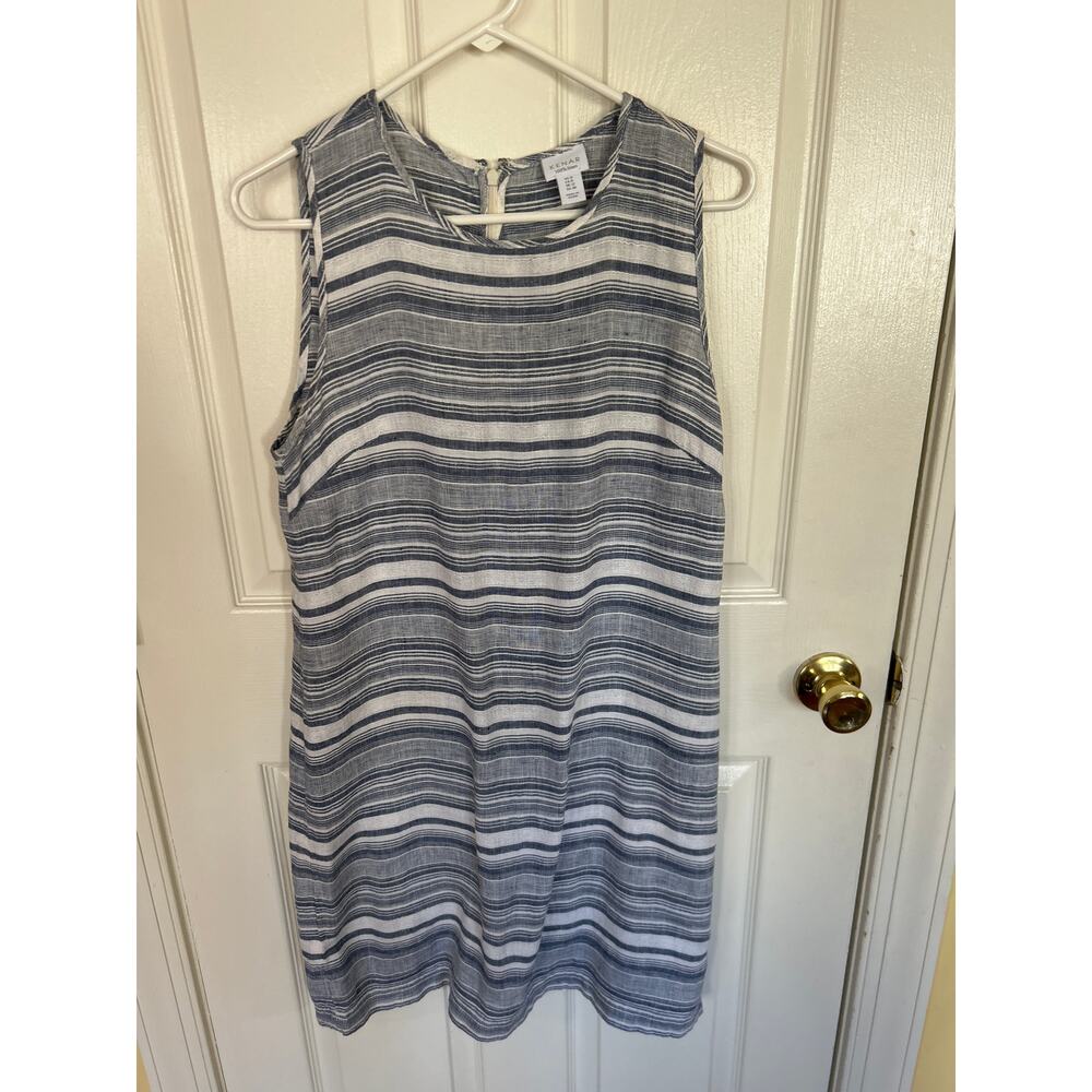 Kenar 100% Linen Blue‎ Striped Sleeveless Shift Dress size 8